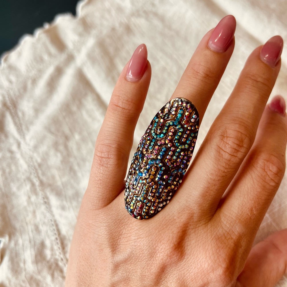 Beautiful Rainbow Mosaic Gem Ring with Gold Accents size 6/7 adjustable , Aldo